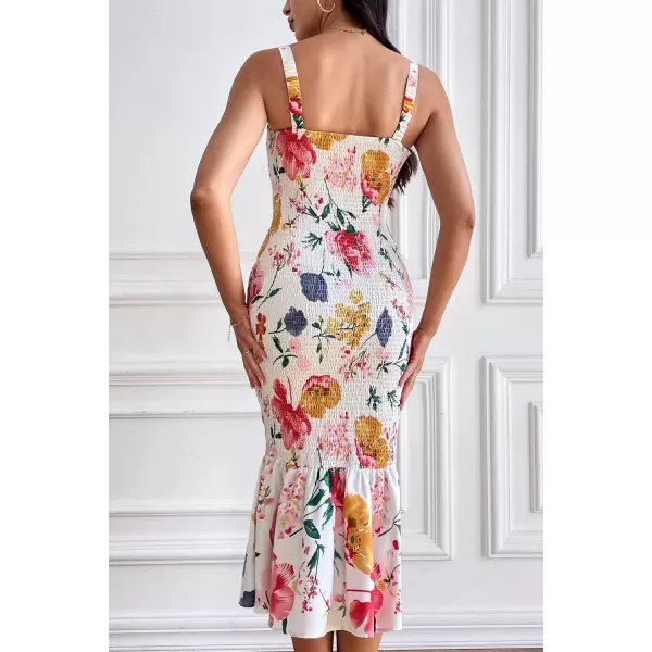 imagePRETTYGARDEN Womens Summer Floral Midi Tank Dress Sleeveless Strappy Ruffle Hem Smocked Bodycon DressesWhite Red Big Floral