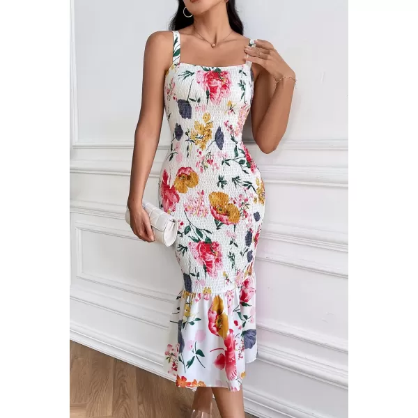 imagePRETTYGARDEN Womens Summer Floral Midi Tank Dress Sleeveless Strappy Ruffle Hem Smocked Bodycon DressesWhite Red Big Floral