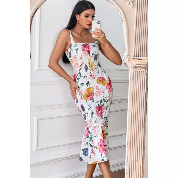 imagePRETTYGARDEN Womens Summer Floral Midi Tank Dress Sleeveless Strappy Ruffle Hem Smocked Bodycon DressesWhite Red Big Floral