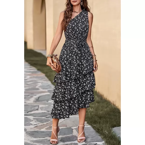 imagePRETTYGARDEN Womens Summer Floral Sundress Casual One Shoulder Tiered Ruffle Flowy Midi Beach Boho DressesFloral Black