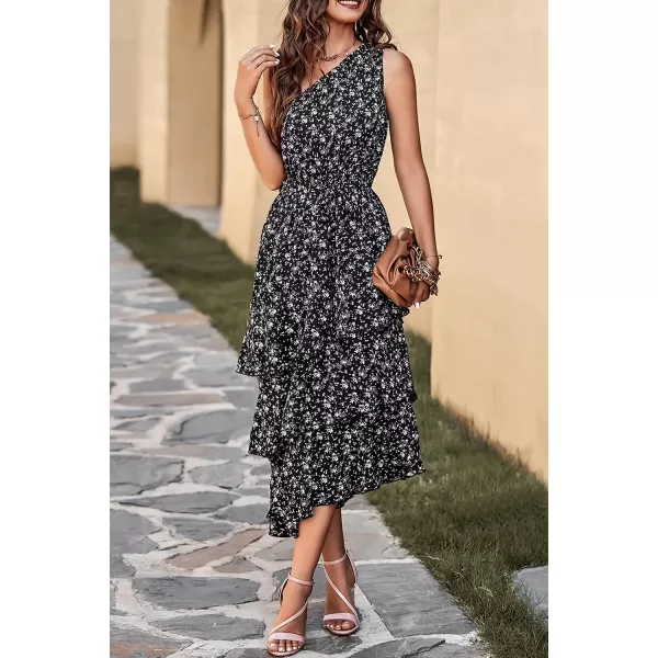 imagePRETTYGARDEN Womens Summer Floral Sundress Casual One Shoulder Tiered Ruffle Flowy Midi Beach Boho DressesFloral Black