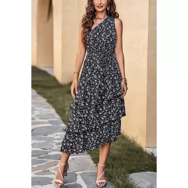 imagePRETTYGARDEN Womens Summer Floral Sundress Casual One Shoulder Tiered Ruffle Flowy Midi Beach Boho DressesFloral Black