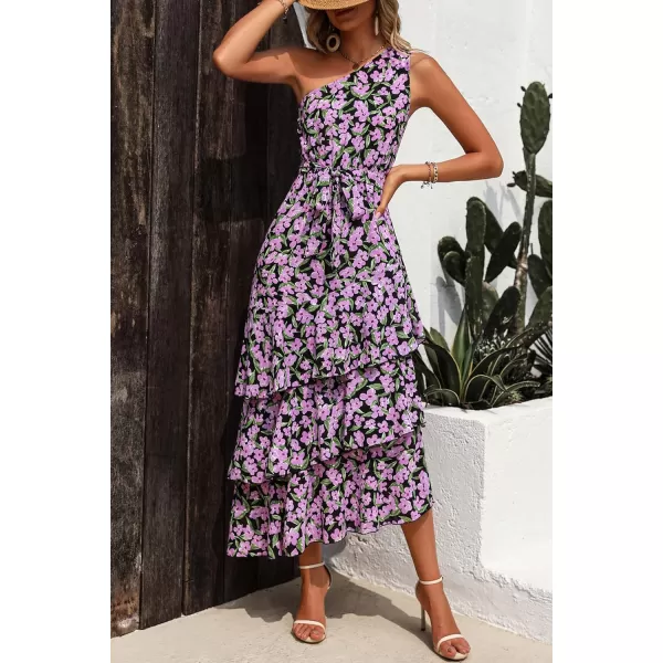imagePRETTYGARDEN Womens Summer Floral Sundress Casual One Shoulder Tiered Ruffle Flowy Midi Beach Boho DressesFloral Black Pink