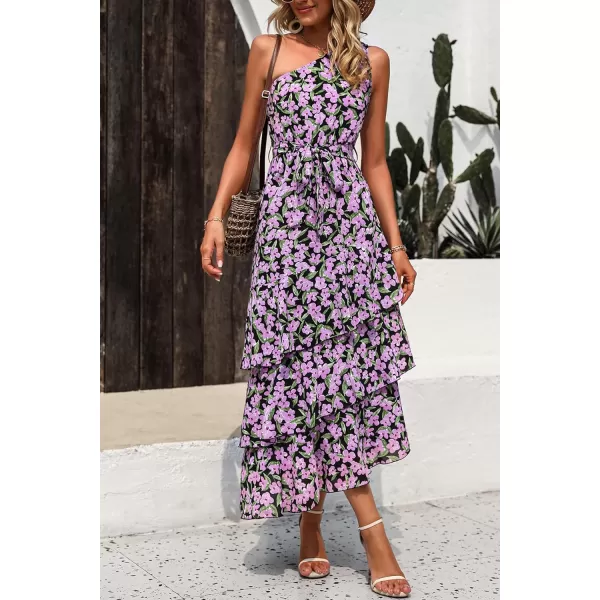 imagePRETTYGARDEN Womens Summer Floral Sundress Casual One Shoulder Tiered Ruffle Flowy Midi Beach Boho DressesFloral Black Pink