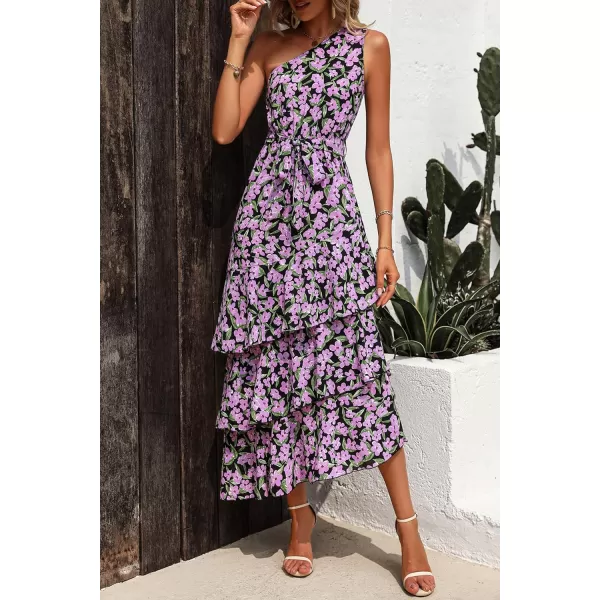 imagePRETTYGARDEN Womens Summer Floral Sundress Casual One Shoulder Tiered Ruffle Flowy Midi Beach Boho DressesFloral Black Pink