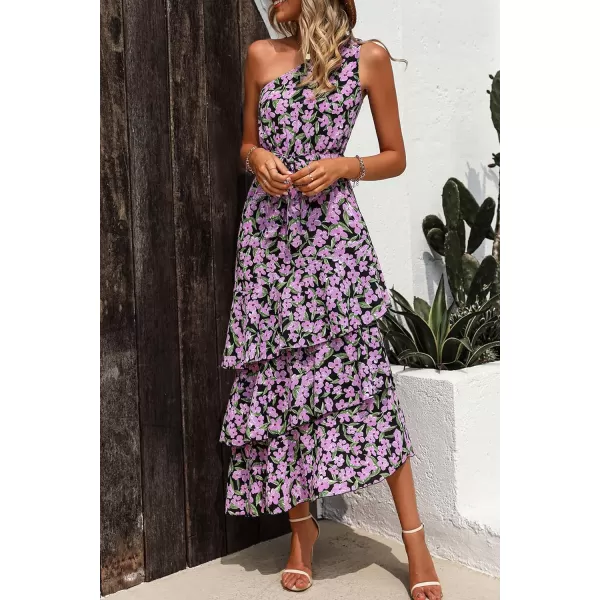 imagePRETTYGARDEN Womens Summer Floral Sundress Casual One Shoulder Tiered Ruffle Flowy Midi Beach Boho DressesFloral Black Pink