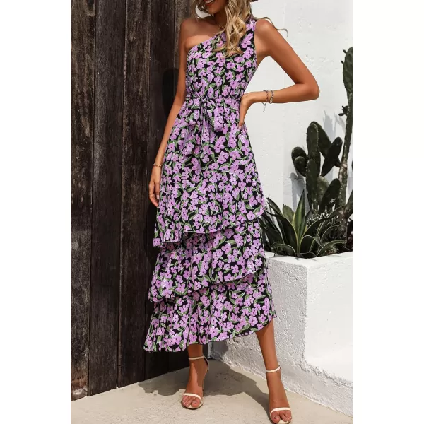 imagePRETTYGARDEN Womens Summer Floral Sundress Casual One Shoulder Tiered Ruffle Flowy Midi Beach Boho DressesFloral Black Pink