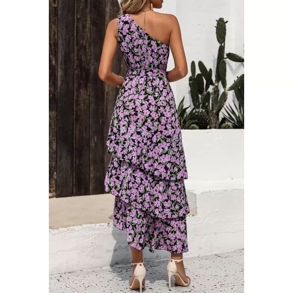 imagePRETTYGARDEN Womens Summer Floral Sundress Casual One Shoulder Tiered Ruffle Flowy Midi Beach Boho DressesFloral Black Pink