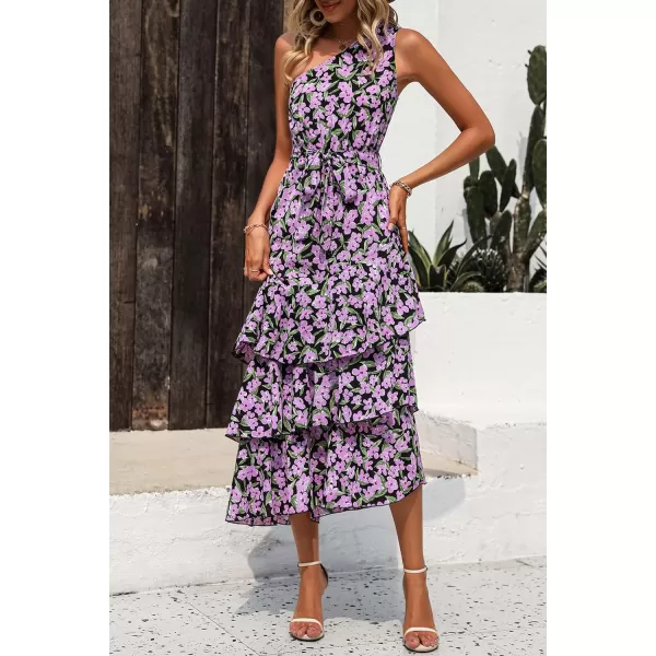 imagePRETTYGARDEN Womens Summer Floral Sundress Casual One Shoulder Tiered Ruffle Flowy Midi Beach Boho DressesFloral Black Pink