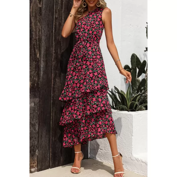 imagePRETTYGARDEN Womens Summer Floral Sundress Casual One Shoulder Tiered Ruffle Flowy Midi Beach Boho DressesFloral Black Red
