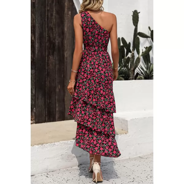 imagePRETTYGARDEN Womens Summer Floral Sundress Casual One Shoulder Tiered Ruffle Flowy Midi Beach Boho DressesFloral Black Red