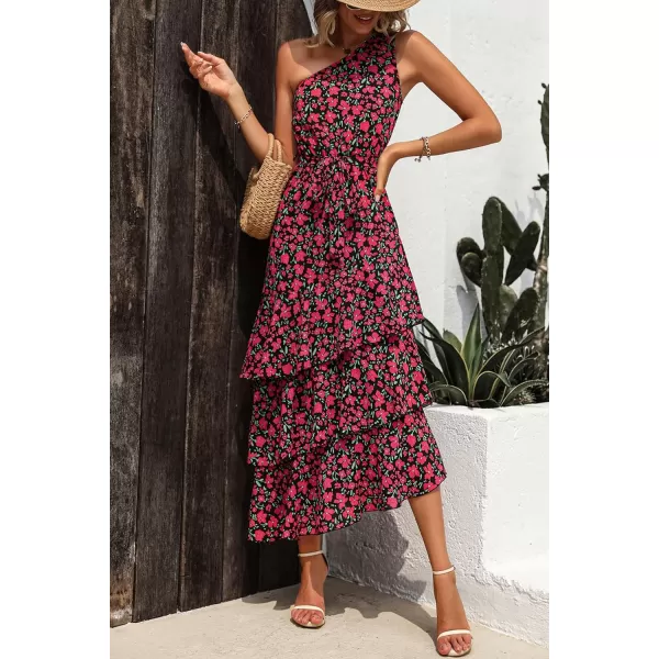 imagePRETTYGARDEN Womens Summer Floral Sundress Casual One Shoulder Tiered Ruffle Flowy Midi Beach Boho DressesFloral Black Red