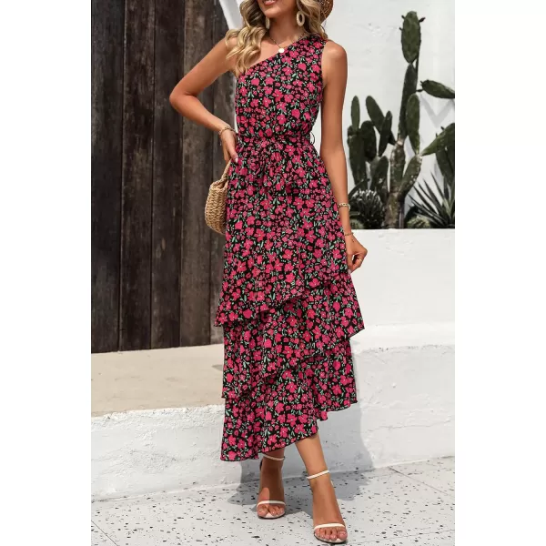 imagePRETTYGARDEN Womens Summer Floral Sundress Casual One Shoulder Tiered Ruffle Flowy Midi Beach Boho DressesFloral Black Red