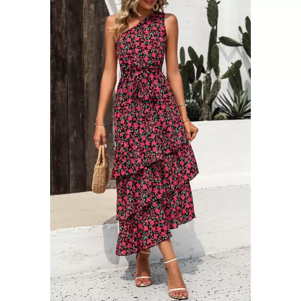 imagePRETTYGARDEN Womens Summer Floral Sundress Casual One Shoulder Tiered Ruffle Flowy Midi Beach Boho DressesFloral Black Red