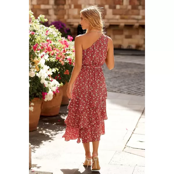 imagePRETTYGARDEN Womens Summer Floral Sundress Casual One Shoulder Tiered Ruffle Flowy Midi Beach Boho DressesFloral Brick Red White