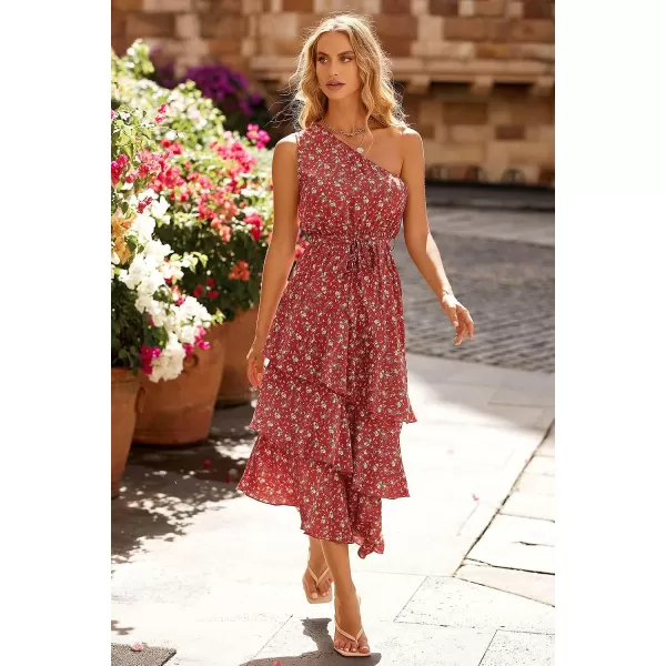 imagePRETTYGARDEN Womens Summer Floral Sundress Casual One Shoulder Tiered Ruffle Flowy Midi Beach Boho DressesFloral Brick Red White