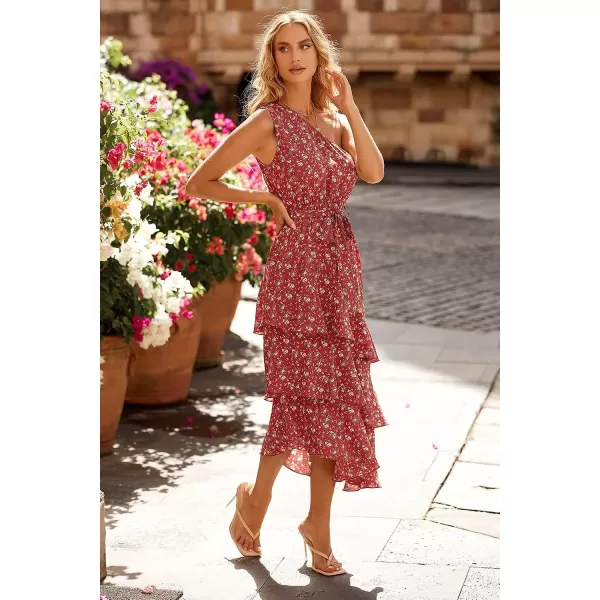 imagePRETTYGARDEN Womens Summer Floral Sundress Casual One Shoulder Tiered Ruffle Flowy Midi Beach Boho DressesFloral Brick Red White