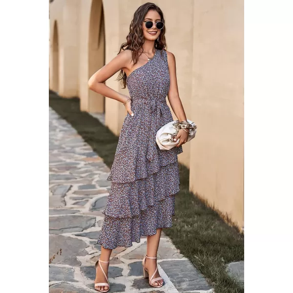 imagePRETTYGARDEN Womens Summer Floral Sundress Casual One Shoulder Tiered Ruffle Flowy Midi Beach Boho DressesFloral Coffee Blue