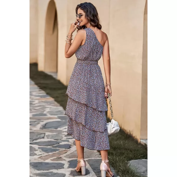 imagePRETTYGARDEN Womens Summer Floral Sundress Casual One Shoulder Tiered Ruffle Flowy Midi Beach Boho DressesFloral Coffee Blue