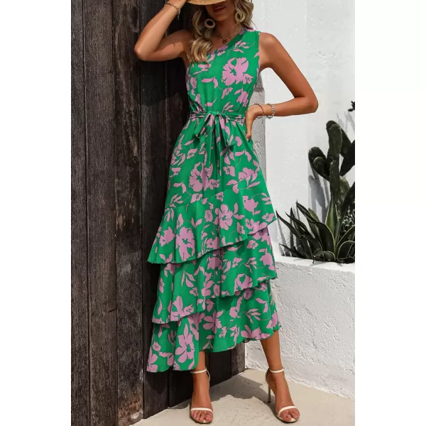 imagePRETTYGARDEN Womens Summer Floral Sundress Casual One Shoulder Tiered Ruffle Flowy Midi Beach Boho DressesFloral Green Pink