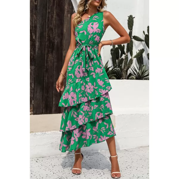 imagePRETTYGARDEN Womens Summer Floral Sundress Casual One Shoulder Tiered Ruffle Flowy Midi Beach Boho DressesFloral Green Pink
