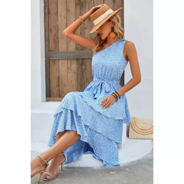 imagePRETTYGARDEN Womens Summer Floral Sundress Casual One Shoulder Tiered Ruffle Flowy Midi Beach Boho DressesFloral Light Blue