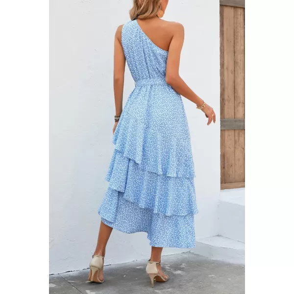 imagePRETTYGARDEN Womens Summer Floral Sundress Casual One Shoulder Tiered Ruffle Flowy Midi Beach Boho DressesFloral Light Blue