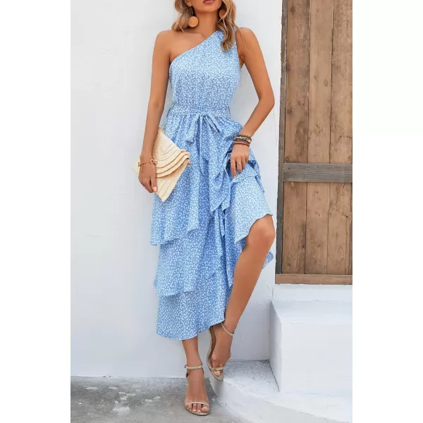 imagePRETTYGARDEN Womens Summer Floral Sundress Casual One Shoulder Tiered Ruffle Flowy Midi Beach Boho DressesFloral Light Blue