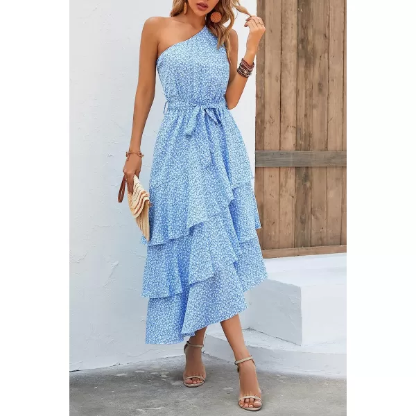 imagePRETTYGARDEN Womens Summer Floral Sundress Casual One Shoulder Tiered Ruffle Flowy Midi Beach Boho DressesFloral Light Blue
