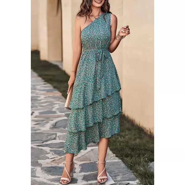 imagePRETTYGARDEN Womens Summer Floral Sundress Casual One Shoulder Tiered Ruffle Flowy Midi Beach Boho DressesFloral Olive Green