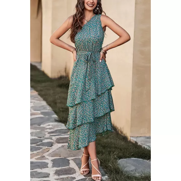 imagePRETTYGARDEN Womens Summer Floral Sundress Casual One Shoulder Tiered Ruffle Flowy Midi Beach Boho DressesFloral Olive Green