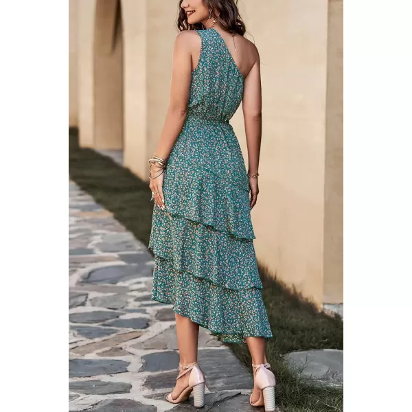 imagePRETTYGARDEN Womens Summer Floral Sundress Casual One Shoulder Tiered Ruffle Flowy Midi Beach Boho DressesFloral Olive Green