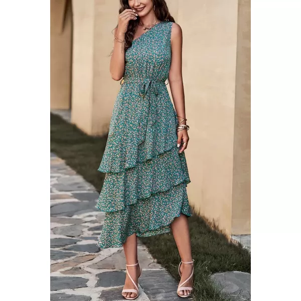 imagePRETTYGARDEN Womens Summer Floral Sundress Casual One Shoulder Tiered Ruffle Flowy Midi Beach Boho DressesFloral Olive Green