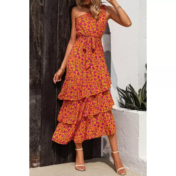 imagePRETTYGARDEN Womens Summer Floral Sundress Casual One Shoulder Tiered Ruffle Flowy Midi Beach Boho DressesFloral Orange Rose Red