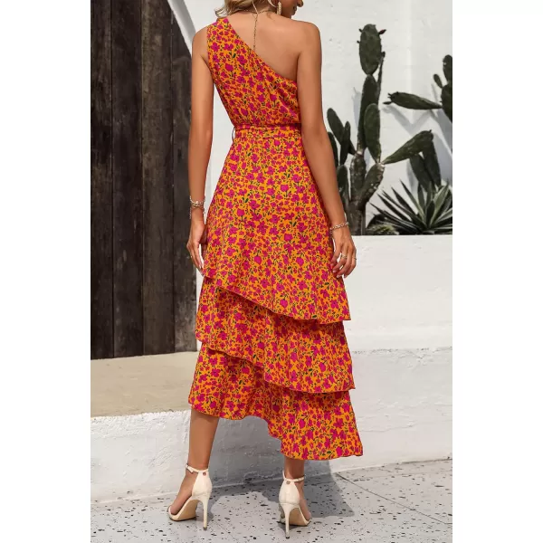 imagePRETTYGARDEN Womens Summer Floral Sundress Casual One Shoulder Tiered Ruffle Flowy Midi Beach Boho DressesFloral Orange Rose Red