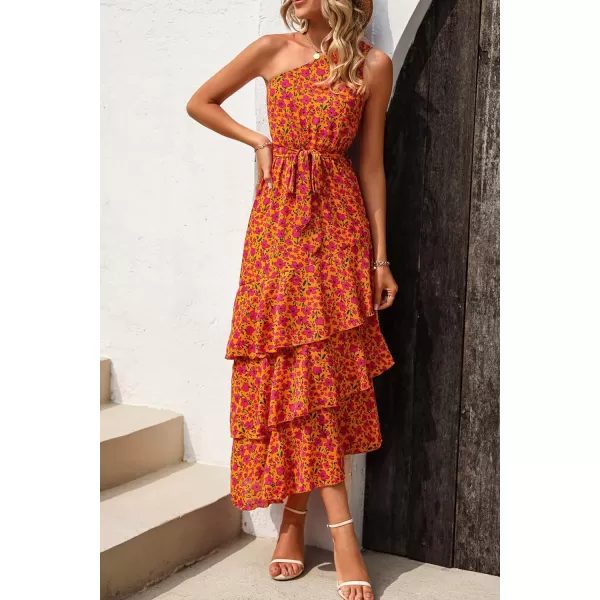 imagePRETTYGARDEN Womens Summer Floral Sundress Casual One Shoulder Tiered Ruffle Flowy Midi Beach Boho DressesFloral Orange Rose Red