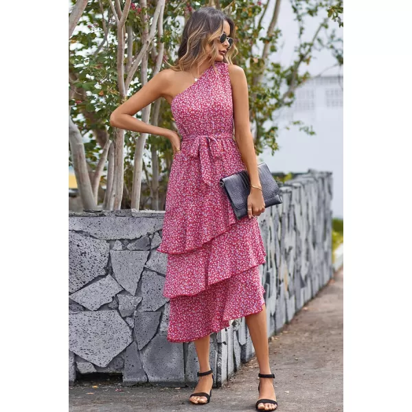 imagePRETTYGARDEN Womens Summer Floral Sundress Casual One Shoulder Tiered Ruffle Flowy Midi Beach Boho DressesFloral Red