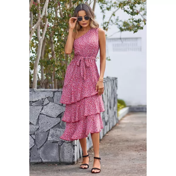 imagePRETTYGARDEN Womens Summer Floral Sundress Casual One Shoulder Tiered Ruffle Flowy Midi Beach Boho DressesFloral Red