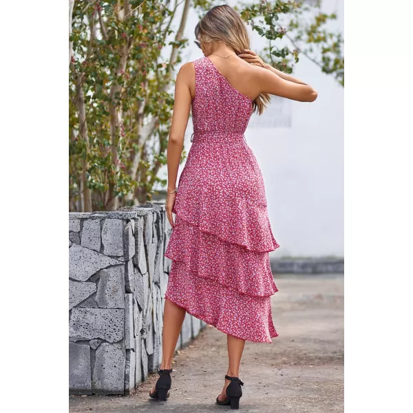 imagePRETTYGARDEN Womens Summer Floral Sundress Casual One Shoulder Tiered Ruffle Flowy Midi Beach Boho DressesFloral Red