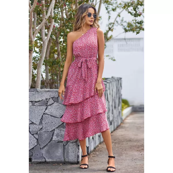 imagePRETTYGARDEN Womens Summer Floral Sundress Casual One Shoulder Tiered Ruffle Flowy Midi Beach Boho DressesFloral Red