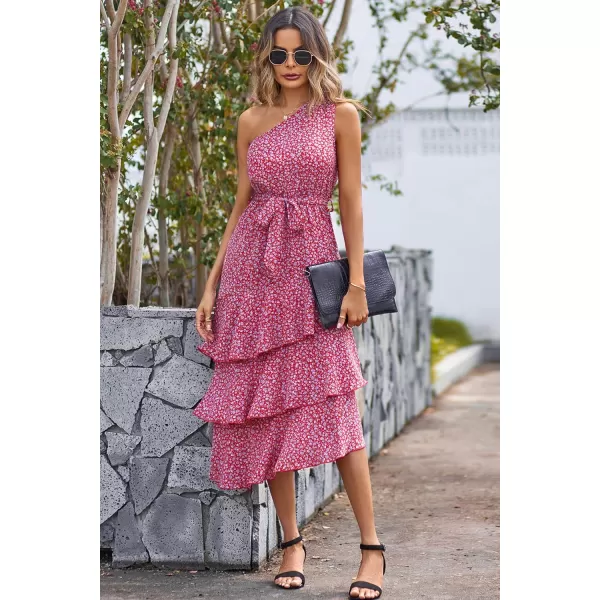 imagePRETTYGARDEN Womens Summer Floral Sundress Casual One Shoulder Tiered Ruffle Flowy Midi Beach Boho DressesFloral Red