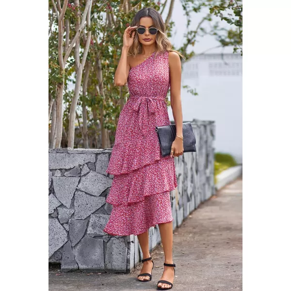 imagePRETTYGARDEN Womens Summer Floral Sundress Casual One Shoulder Tiered Ruffle Flowy Midi Beach Boho DressesFloral Red