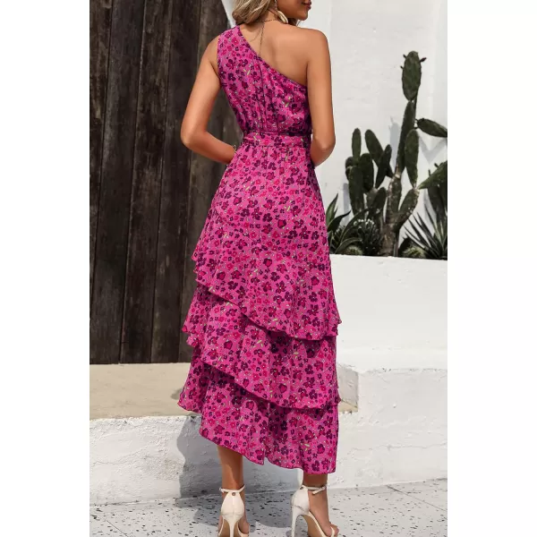 imagePRETTYGARDEN Womens Summer Floral Sundress Casual One Shoulder Tiered Ruffle Flowy Midi Beach Boho DressesFloral Rose Red