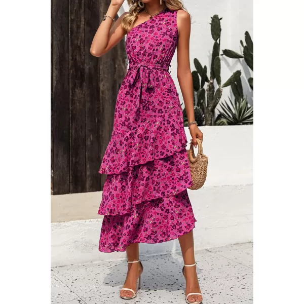 imagePRETTYGARDEN Womens Summer Floral Sundress Casual One Shoulder Tiered Ruffle Flowy Midi Beach Boho DressesFloral Rose Red