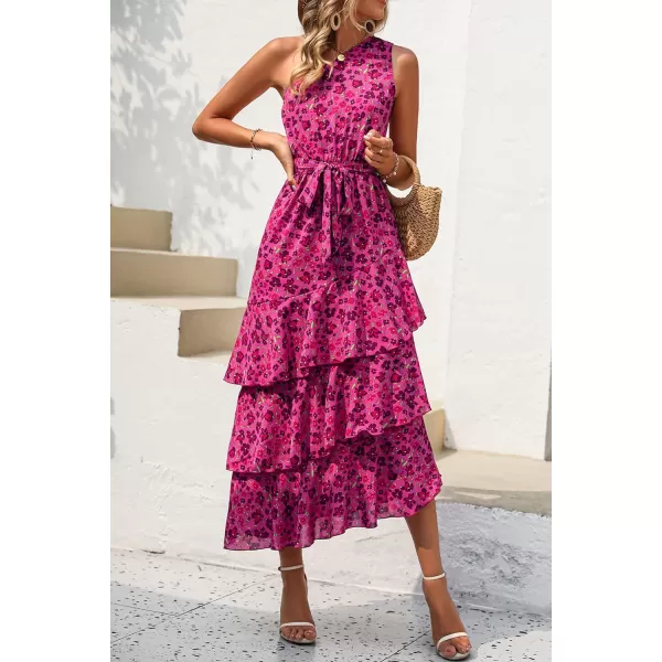imagePRETTYGARDEN Womens Summer Floral Sundress Casual One Shoulder Tiered Ruffle Flowy Midi Beach Boho DressesFloral Rose Red