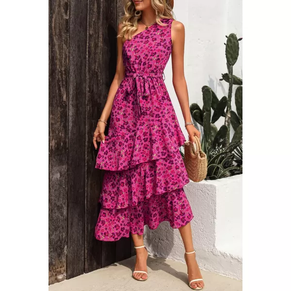 imagePRETTYGARDEN Womens Summer Floral Sundress Casual One Shoulder Tiered Ruffle Flowy Midi Beach Boho DressesFloral Rose Red