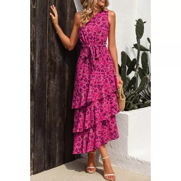 imagePRETTYGARDEN Womens Summer Floral Sundress Casual One Shoulder Tiered Ruffle Flowy Midi Beach Boho DressesFloral Rose Red
