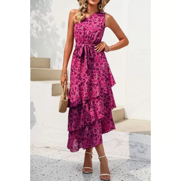 imagePRETTYGARDEN Womens Summer Floral Sundress Casual One Shoulder Tiered Ruffle Flowy Midi Beach Boho DressesFloral Rose Red
