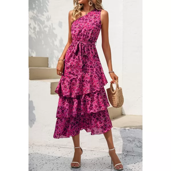 imagePRETTYGARDEN Womens Summer Floral Sundress Casual One Shoulder Tiered Ruffle Flowy Midi Beach Boho DressesFloral Rose Red