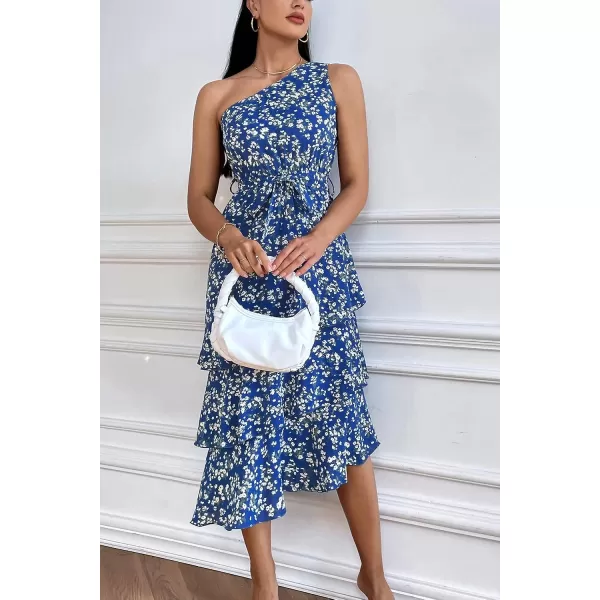 imagePRETTYGARDEN Womens Summer Floral Sundress Casual One Shoulder Tiered Ruffle Flowy Midi Beach Boho DressesFloral Royal Blue White